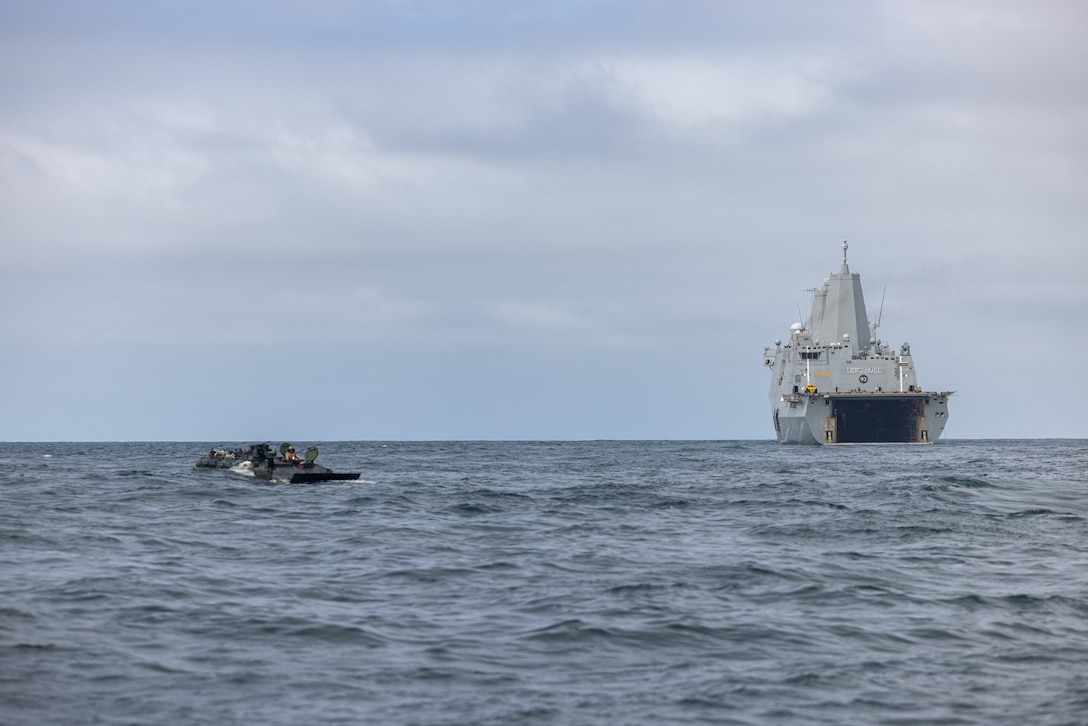 A U.S. Marine Corps Amphibious Combat Vehicle assigned to 3rd Assault Amphibian Battalion, 1st Marine Division, transporting Marines with 1st Battalion, 7th Marine Regiment, 1st MARDIV, maneuvers through the water as part of Quarterly Underway Amphibious Readiness Training off the coast of Marine Corps Base Camp Pendleton, California, Oct. 28, 2024. QUART is a joint training exercise designed to develop and sustain essential amphibious skills for effective operations in maritime environments while reinforcing the Navy-Marine Corps partnership. As part of QUART, Marines with 3rd AA Bn. were certified to conduct ship-to-shore operations. (U.S. Marine Corps photo by Cpl. Kyle Chan)