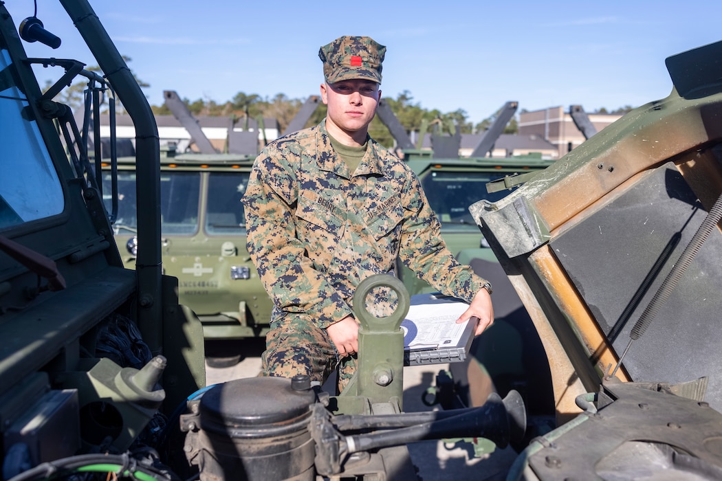 U.S. Marine Corps Lance Cpl. Troy Berry, a motor vehicle operator with 2nd Distribution Support Battalion, Combat Logistics Regiment 2, 2nd Marine Logistics Group, and a Colquitt, Georgia, native, poses for a photo on Camp Lejeune, North Carolina, Nov. 13, 2024. Berry was selected by his command for warrior of the week for his diligence, initiative, and work ethic consistent with a Marine of more senior grade and experience. When asked what motivates him, Berry said, “It’s the people that I work with, having their support and knowing that we are in it together, that keep me going.” Each week, 2nd MLG recognizes one outstanding Marine or Sailor that goes above and beyond in their duties and embodies the qualities of an outstanding service member. (U.S. Marine Corps Photo by Cpl. Jessica J. Mazzamuto)