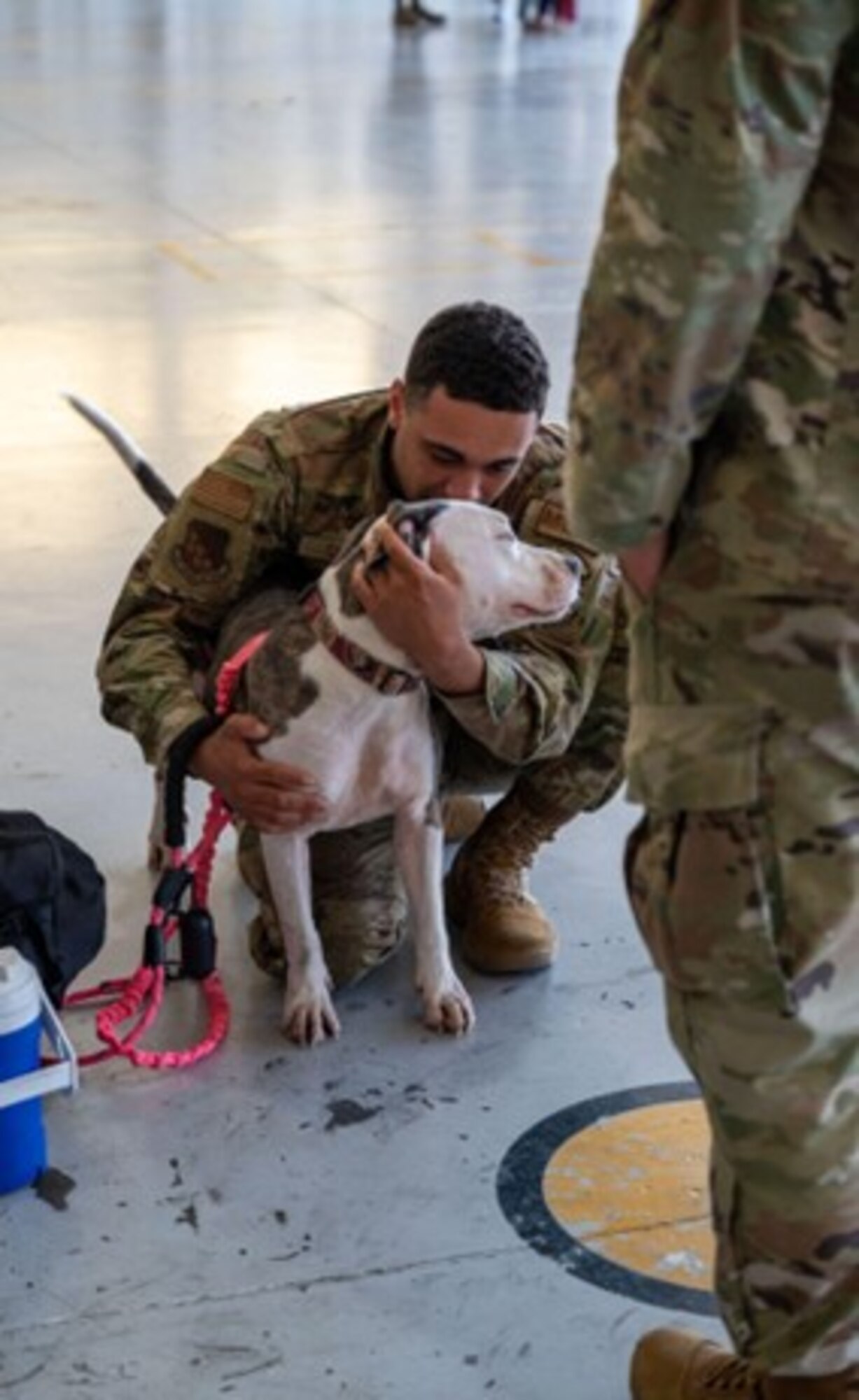 Airman hugs his dog. (U.S. Air Force photo by Airman Donnell Ramsey)