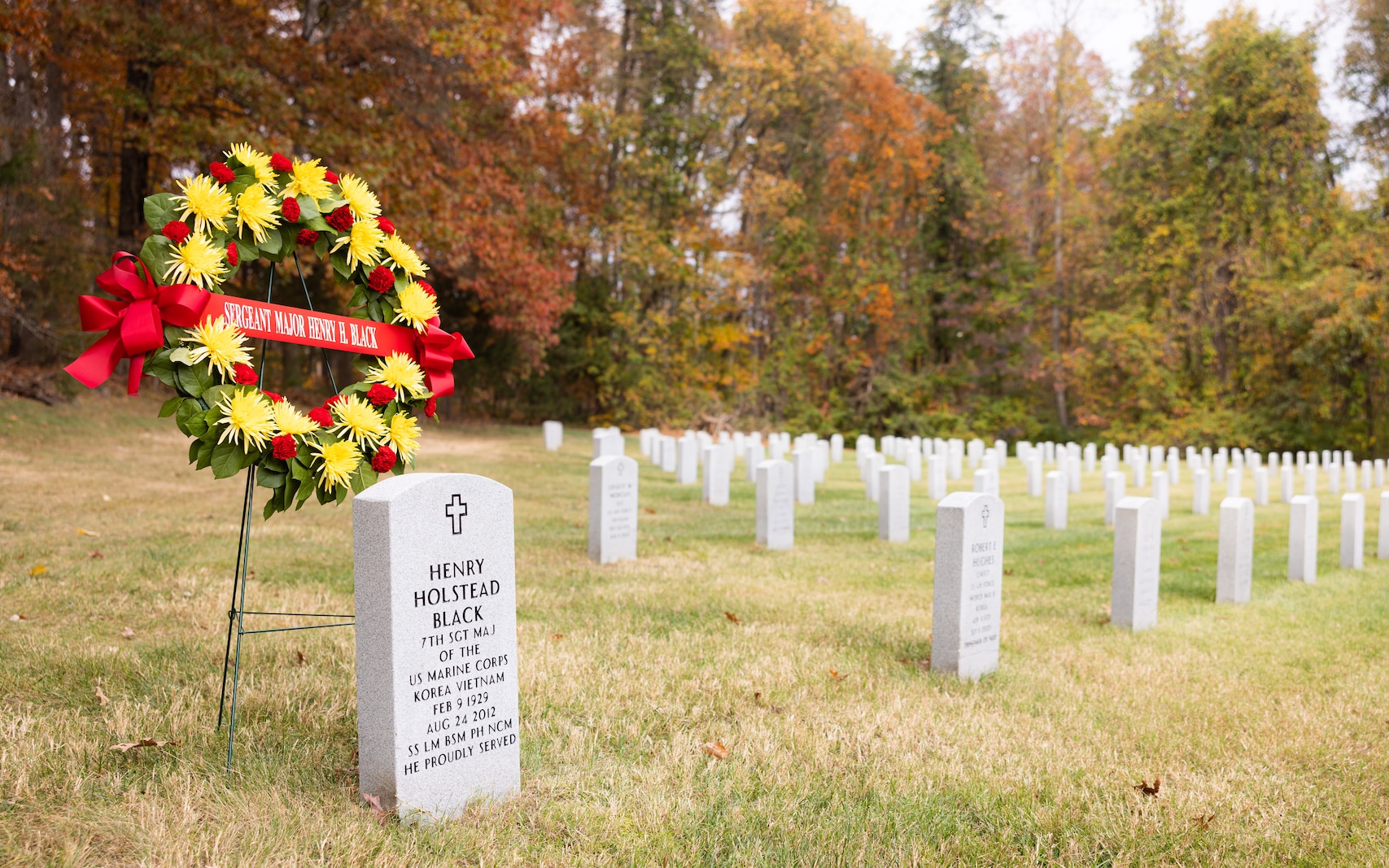 A wreath is staged at the gravesite of U.S. Marine Corps Sgt. Maj. Henry Black, the seventh Sergeant Major of the Marine Corps at Quantico National Cemetery, Triangle, Virginia, Nov. 10, 2024. Sgt. Maj. Black served in active duty from 1948 all the way through 1977; during his time in service he fought in the Korean war and Vietnam war, earning both the Silver and Bronze Star Medal as well as the Legion of Merit Medal. (U. S. Marine Corps photo by Cpl. Darien Wright)