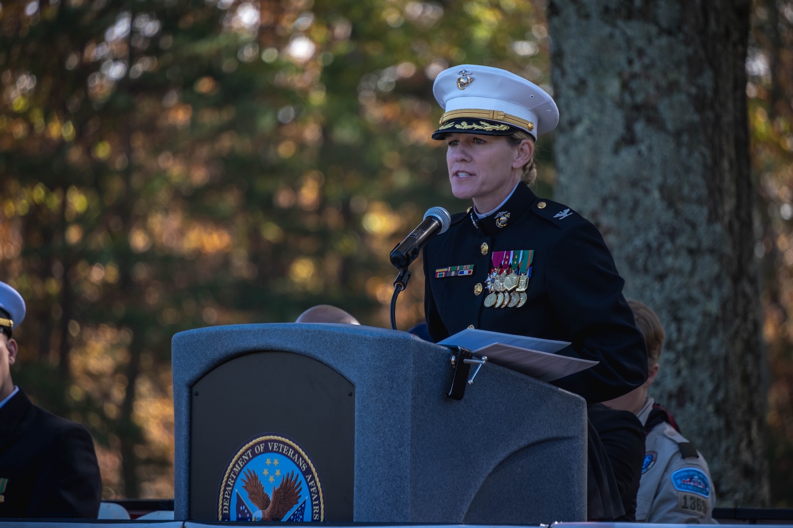 U.S. Marine Corps Col. Jenny Colegate, base commander of Marine Corps Base Quantico, addresses the audience during the Veterans Day Wreath Laying Ceremony at the National Cemetery at Quantico, Virginia, Nov. 11, 2024. Veterans Day is a federal holiday observed on November 11 of each year in honor of all veterans who have served in the U.S Armed Forces. (U.S. Marine Corps photo by Lance Cpl. Joaquin Dela Torre)