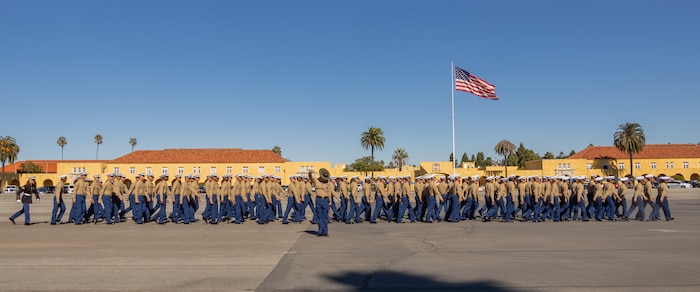 New U.S. Marines with Hotel Company, 2nd Recruit Training Battalion, are dismissed after a graduation ceremony at Marine Corps Recruit Depot San Diego, California, Nov. 8, 2024. This ceremony marked the end of a 13-week transformation that included training in drill, marksmanship, basic combat skills, and Marine Corps customs and traditions. (U.S. Marine Corps photo by Lance Cpl. Janell B. Alvarez)