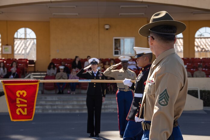 U.S. Marine Corps drill instructor with Hotel Company, 2nd Recruit Training Battalion, marches in formation during a graduation ceremony at Marine Corps Recruit Depot San Diego, California, Nov. 8, 2024. This ceremony marked the end of a 13-week transformation that included training in drill, marksmanship, basic combat skills, and Marine Corps customs and traditions. (U.S. Marine Corps photo by Lance Cpl. Janell B. Alvarez)
