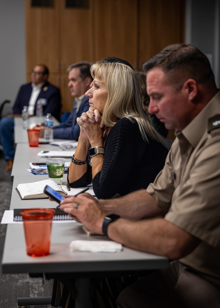 Oklahoma defense and industry leaders listen to speakers during a Launched Effects Alliance meeting at the Tulsa Tech campus in Jenks, Oklahoma, Nov. 7, 2024. The meeting served as a collaborative effort to bolster defense efforts against aerial threats, bringing together Oklahoma National Guard leaders and state, education and industry partners to discuss Counter Unmanned Aerial Systems (UAS). (Oklahoma National Guard photo by Cpl. Danielle Rayon)