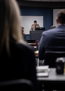 Oklahoma Army National Guard Col. Shane Riley, director of the OKNG's Launched Effects program during a meeting at the Tulsa Tech campus in Jenks, Oklahoma, Nov. 7, 2024. The meeting served as a collaborative effort to bolster defense efforts against aerial threats, bringing together Oklahoma National Guard leaders and state, education and industry partners to discuss Counter Unmanned Aerial Systems (UAS). (Oklahoma National Guard photo by Cpl. Danielle Rayon)