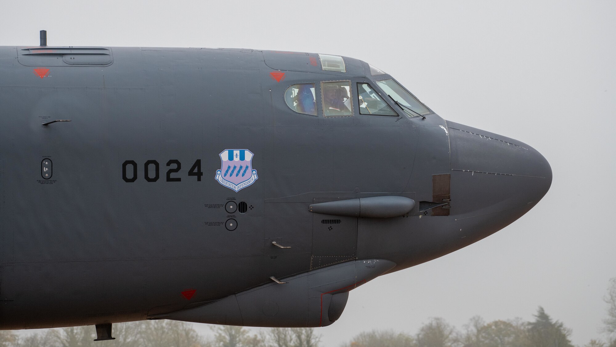 A B-52H Stratofortress taxis across the flightline