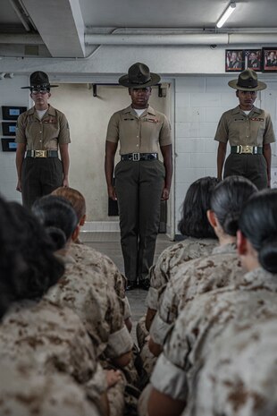 U.S. Marine Corps drill instructors with Lima Company, 3rd Recruit Training Battalion, are introduced to the new recruits as part of a pick-up event at Marine Corps Recruit Depot San Diego, California, Oct. 25, 2024. Pick-up day signifies the first official day of training in which recruits will meet their drill instructor team for the first time, prepare their gear and squad bay, and expectations are set for the remainder of their time in recruit training. (U.S. Marine Corps photo by Cpl. Alexandra M. Earl)