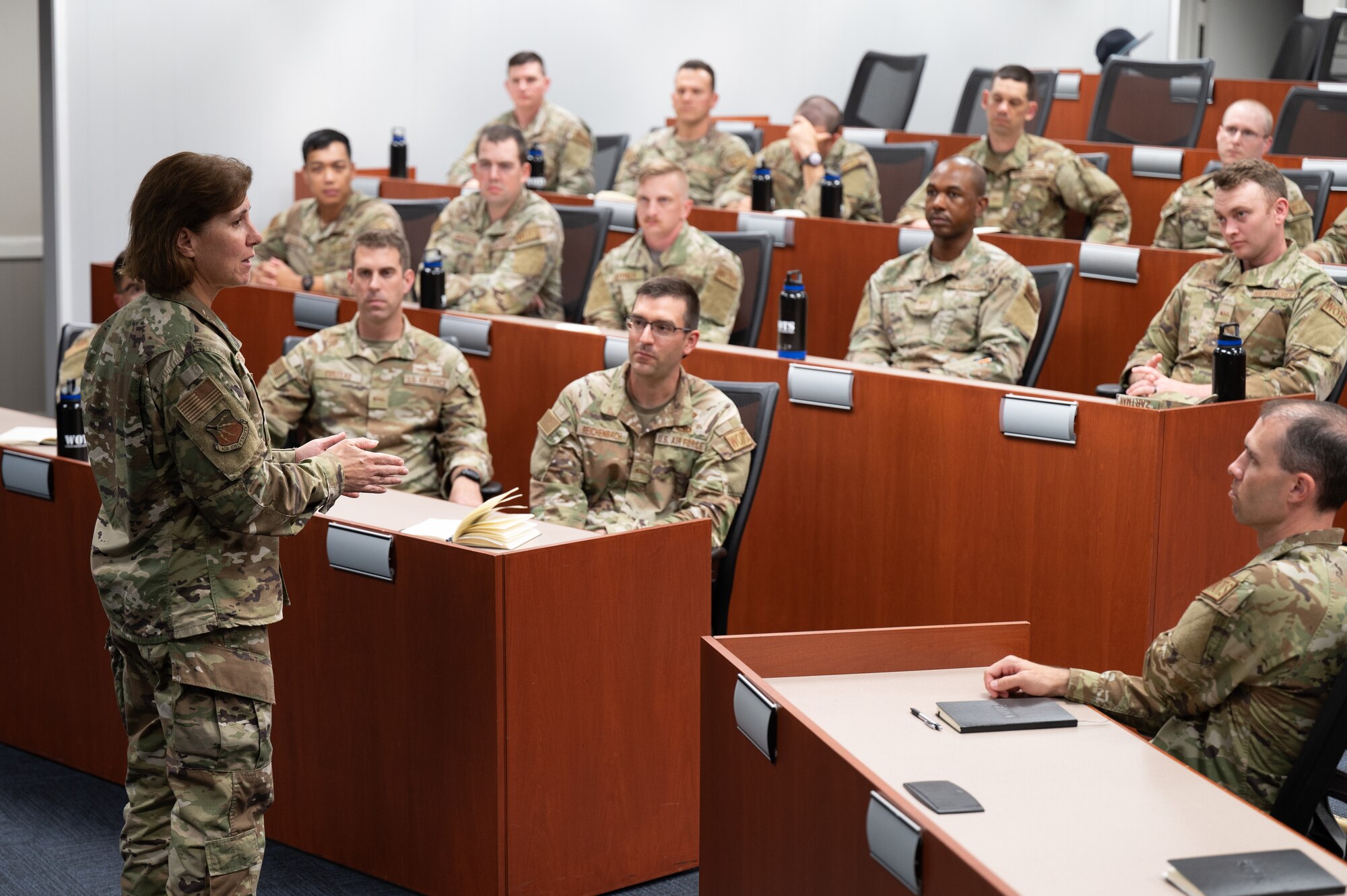 U.S. Air Force Lt. Gen. Andrea Tullos, Air University commander and president, speaks to Warrant Officer School Class 25-01 at Maxwell Air Force Base, Alabama, Oct. 23, 2024.
