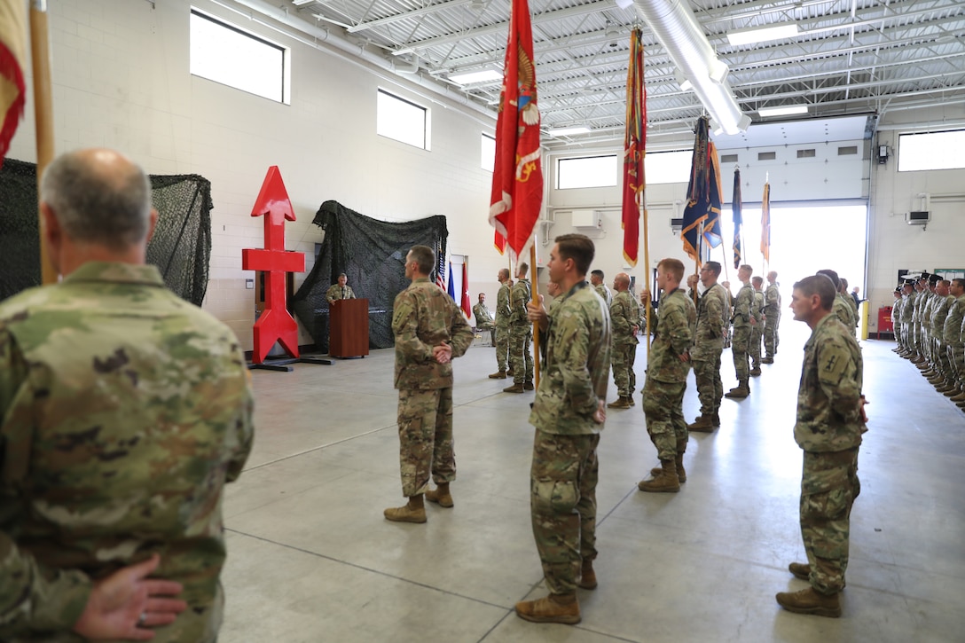 Col. Jeffrey Alston relinquished command of the Wisconsin Army National Guard’s 32nd “Red Arrow” Infantry Brigade Combat Team to Col. Matthew Elder during an Aug. 6 ceremony at the brigade headquarters near Camp Douglas, Wis. The 32nd Brigade is the largest brigade in the Wisconsin Army National Guard, and is a basic, deployable U.S. Army combat unit resembling a small-scale combat division with infantry, cavalry, field artillery and special troops units for intelligence, signal, military police and combat engineers. Wisconsin National Guard photo by Staff Sgt. Kati Volkman