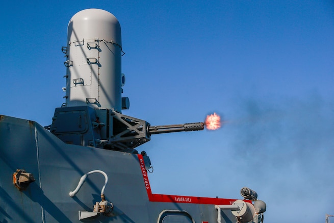 U.S. Navy Arleigh Burke-class guided-missile destroyer USS Michael Murphy (DDG 112) conducts live-fire training utilizing a Close-In Weapons System in the U.S. Central Command area of responsibility.