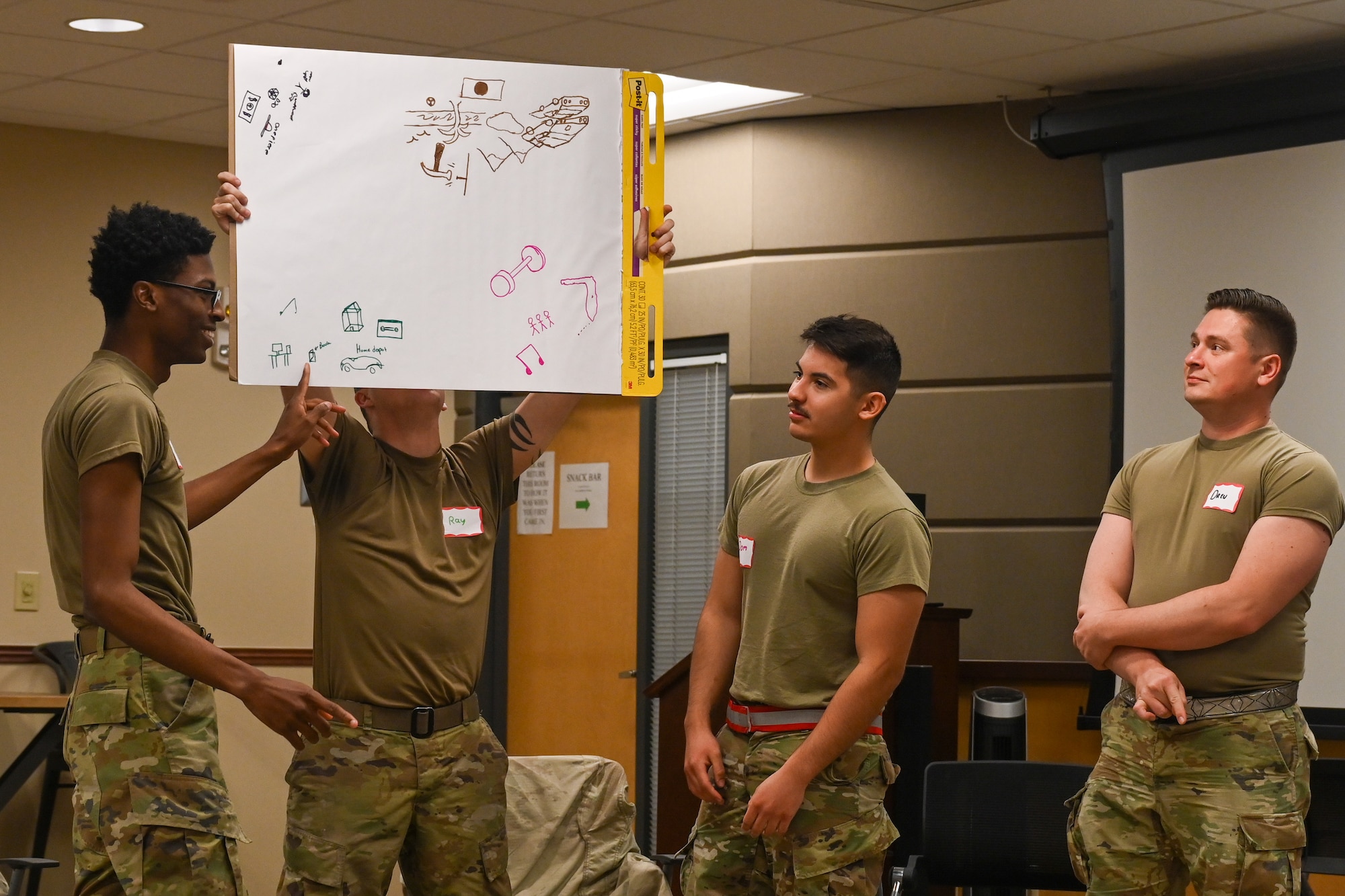 Airmen from the 22nd Air Refueling Wing hold up a vision board they made during the Wingman Guardian Connect class Oct. 22, 2024, at McConnell Air Force Base, Kansas. The Wingman Guardian Connect program aims to help with communication and support for Airmen and Guardians who face issues such as loneliness, stressors and lack of community. This is the first week of its integration and has been held for First Term Enlisted Course and maintenance Airmen. (U.S. Air Force photo by Senior Airman William Lunn)