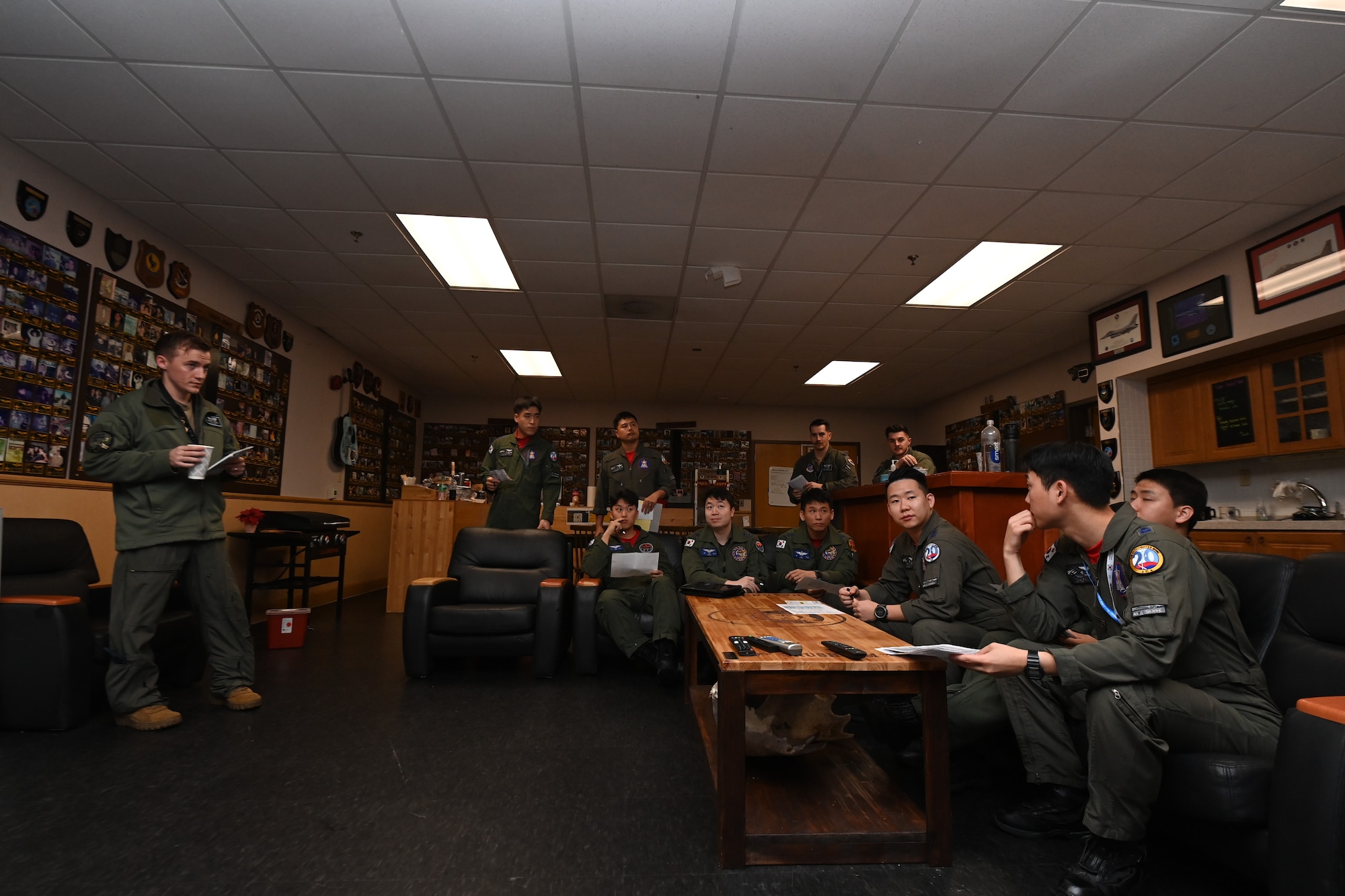 U.S. Air Force F-16 pilots, from the 35th Fighter Squadron, and Republic of Korea Air Force KF-16 pilots, from the 123rd FS, conduct mission planning for Buddy Squadron 24-6 at Kunsan Air Base, R.O.K.