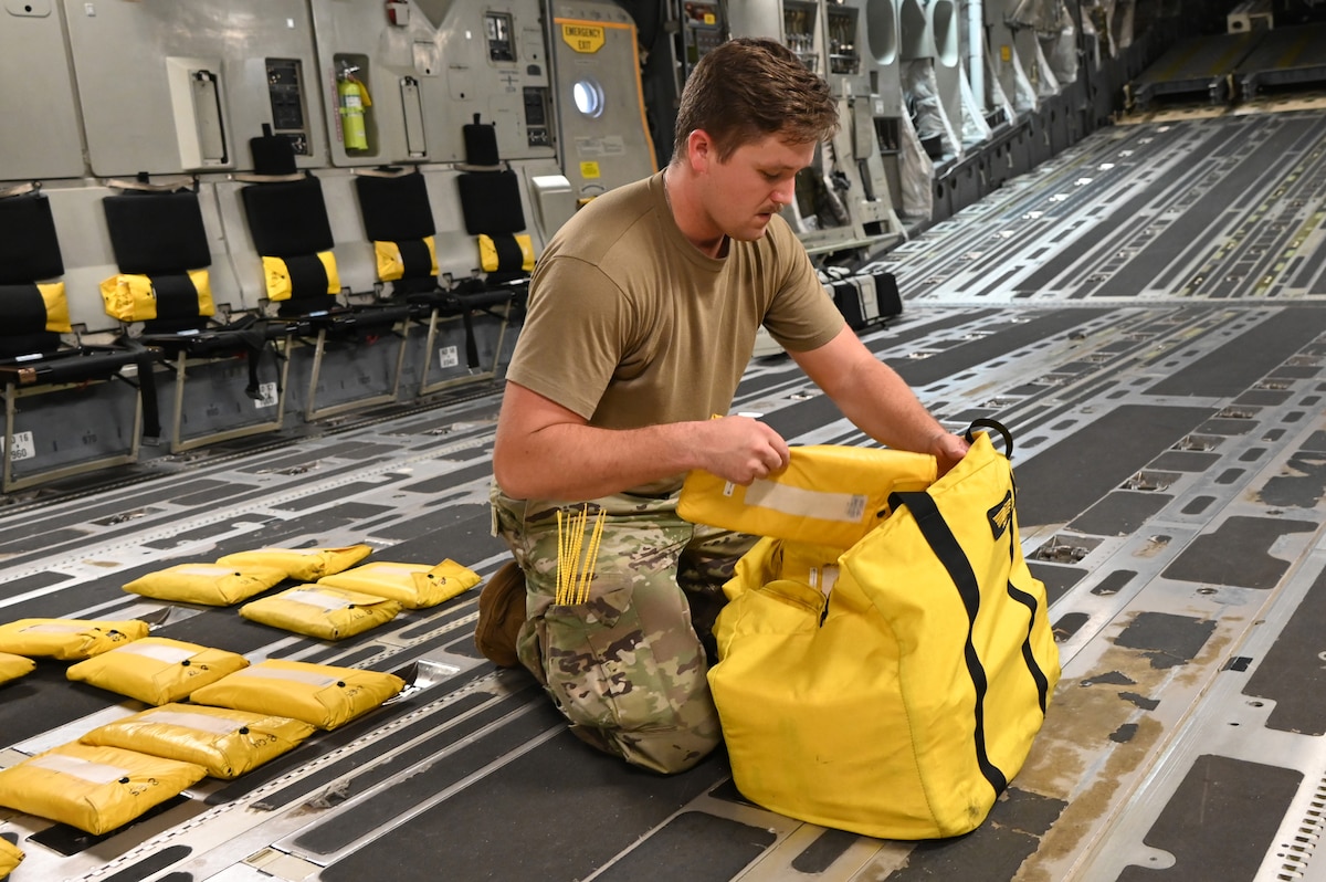 Members of the 145th Airlift Wing conduct a mission termination inspection during a combat readiness inspection at the North Carolina Air National Guard base, Charlotte-Douglas International Airport, Nov. 1, 2024. The inspection tested the skills and abilities of NCANG members during a large-scale combat operation scenario.