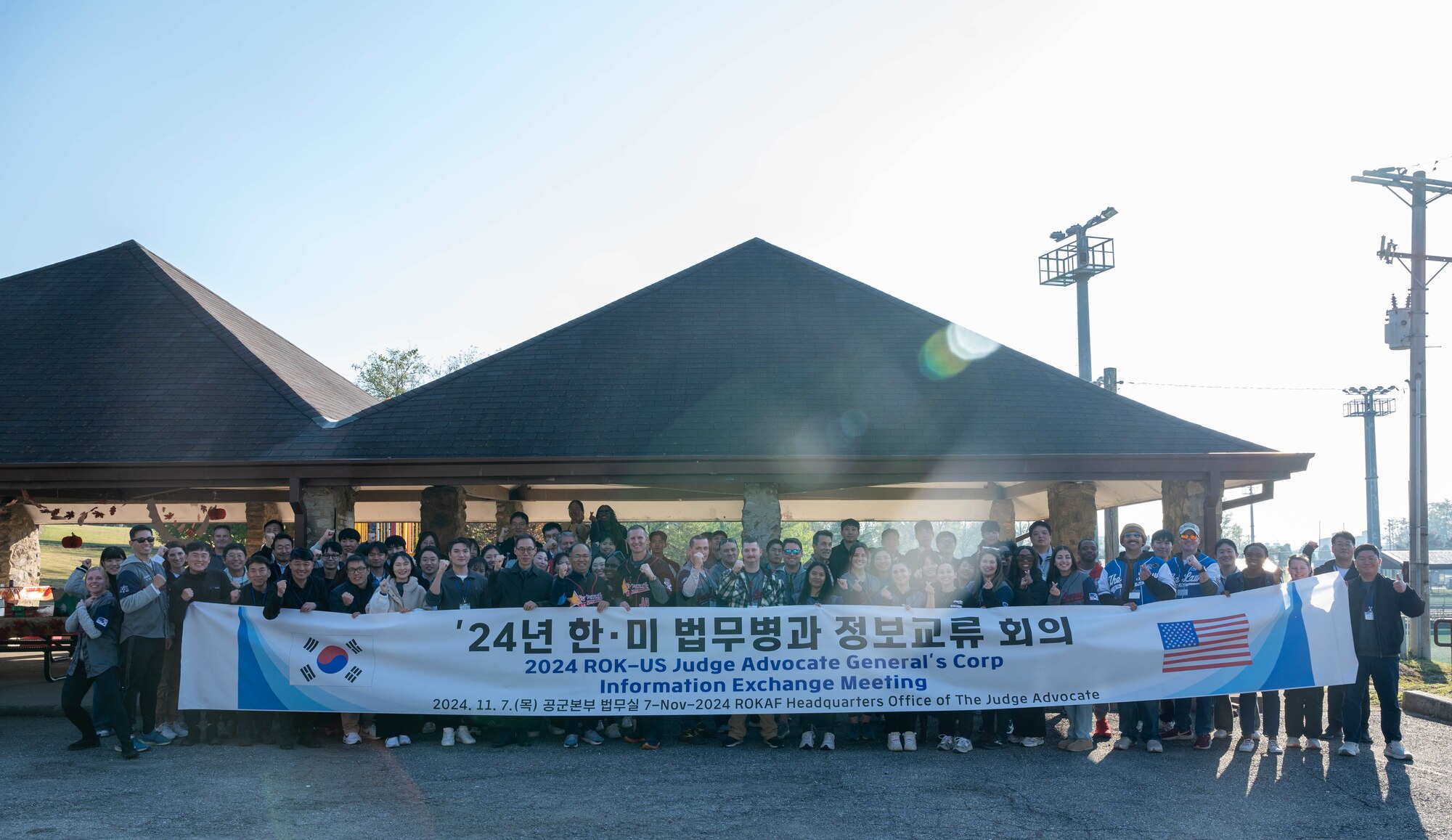 U.S. Air Force and Republic of Korea paralegal teams, pose for a group photo during the annual legal friendship day at Osan Air Base, ROK, Nov. 7, 2024. The friendship day has occurred almost every year for the past 20 years to help strengthen the alliance between the US and ROK. (U.S. Air Force photo by Staff Sgt. Christopher Tam)