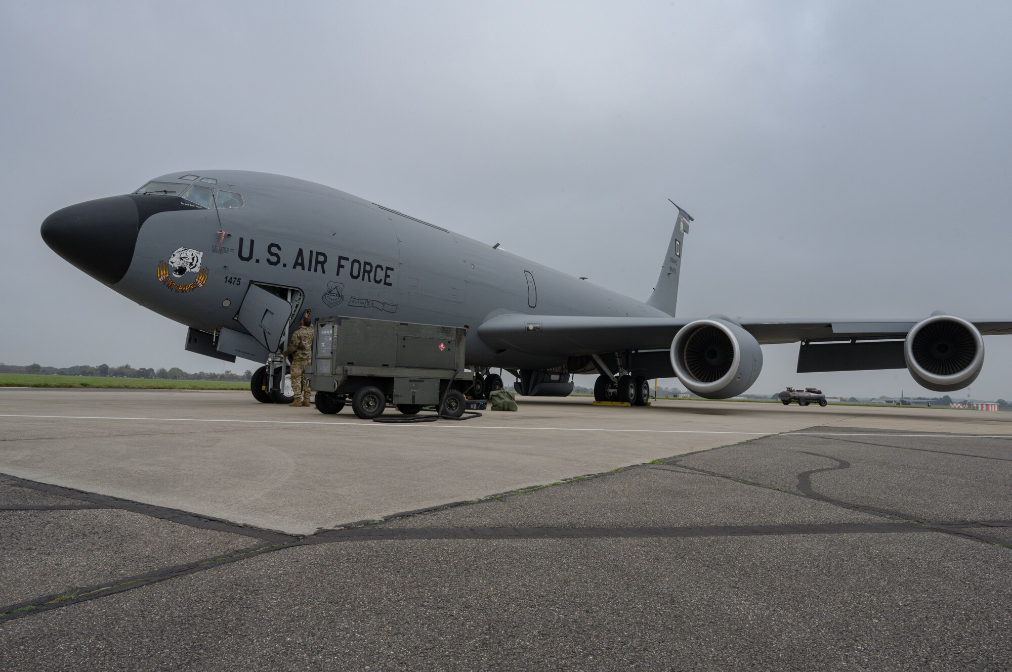A U.S. Air Force KC-135 Stratotanker from the 100th Air Refueling Squadron sits on a flightline before cargo is loaded at Royal Air Force Mildenhall, England, Nov. 5, 2024.