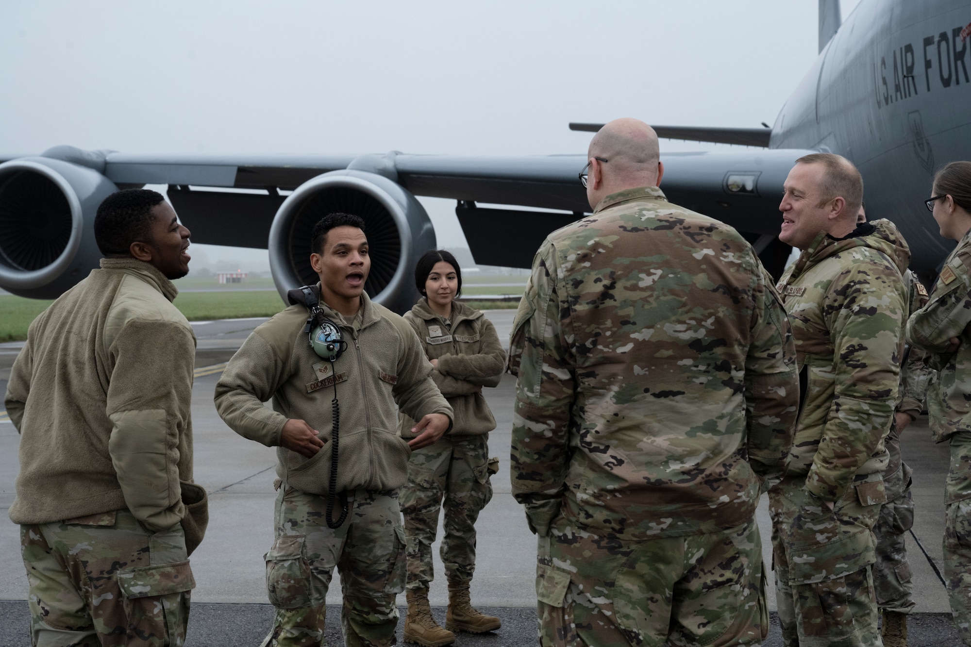 U.S. Air Force Airmen assigned to the 100th Air Refueling Wing wait for a pre-flight inspection to finish at Royal Air Force Mildenhall, England, Nov. 6, 2024.