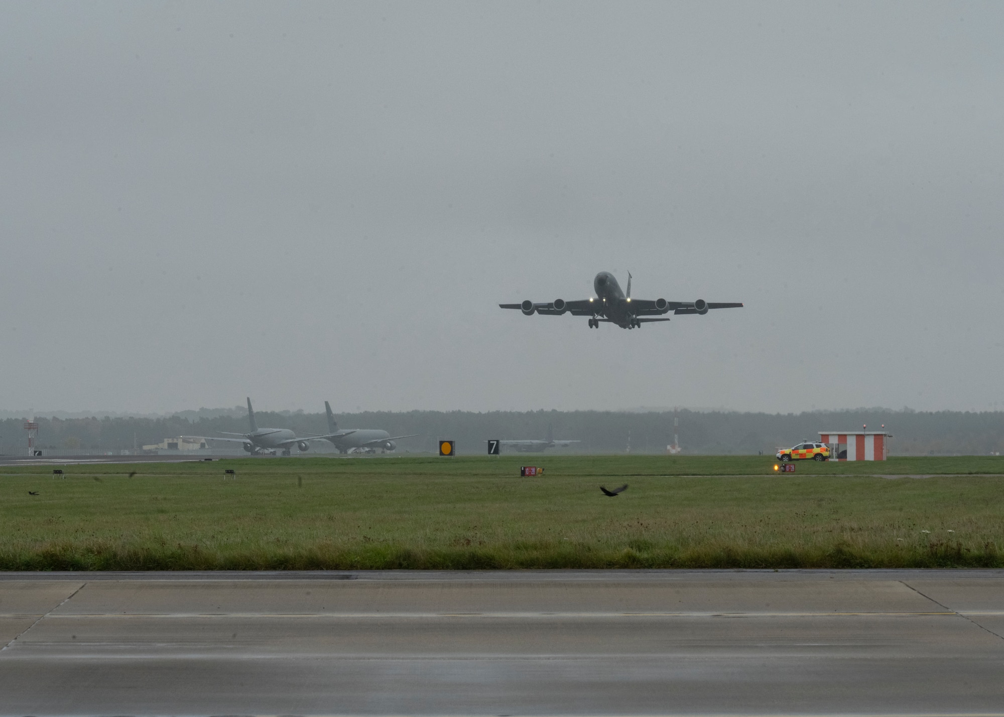 A U.S. Air Force KC-135 Stratotanker from the 100th Air Refueling Wing takes off at Royal Air Force Mildenhall, England, Nov. 6, 2024.
