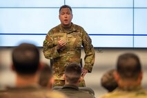U.S. Air Force Col. Brian Steinke, 43rd Air Mobility Operations Group deputy commander, speaks during a Battalion Mass Tactical Week expectation brief at Fort Liberty, North Carolina, Nov. 13, 2024.