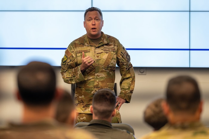 U.S. Air Force Col. Brian Steinke, 43rd Air Mobility Operations Group deputy commander, speaks during a Battalion Mass Tactical Week expectation brief at Fort Liberty, North Carolina, Nov. 13, 2024.