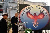 U.S. Navy Capt. Harish Patel, Phoenix Express 2024 exercise director, delivers opening remarks during the closing ceremony for Phoenix Express 2024 in Tunis, Tunisia, Nov. 15, 2024.
