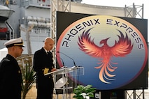 U.S. Navy Capt. Harish Patel, Phoenix Express 2024 exercise director, delivers opening remarks during the closing ceremony for Phoenix Express 2024 in Tunis, Tunisia, Nov. 15, 2024.