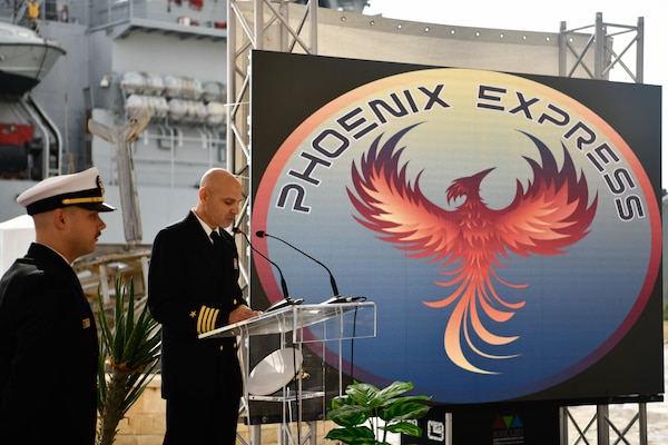 U.S. Navy Capt. Harish Patel, Phoenix Express 2024 exercise director, delivers opening remarks during the closing ceremony for Phoenix Express 2024 in Tunis, Tunisia, Nov. 15, 2024.