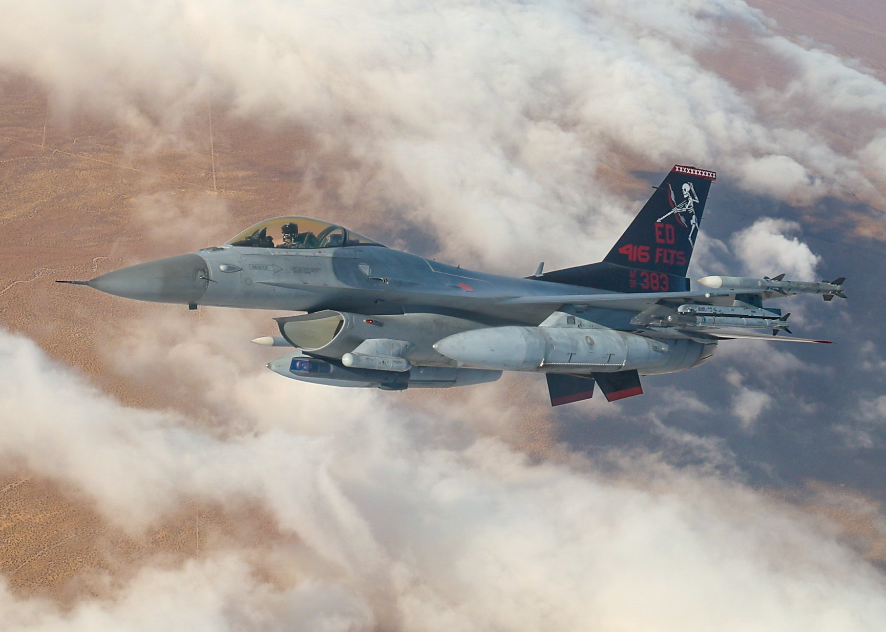 Lt. Col. Charles Brantigan, 416th Flight Test Squadron commander, flies an F-16C Fighting Falcon over Edwards Air Force Base, Calif., Oct. 28, 2024.