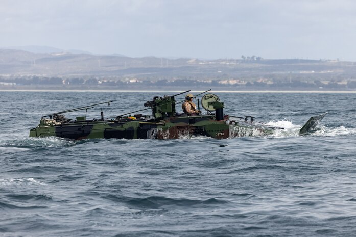A U.S. Marine with 1st Marine Division (MARDIV) operates an Amphibious Combat Vehicle transporting Marines assigned to 1st MARDIV, as part of Quarterly Underway Amphibious Readiness Training off the coast of Marine Corps Base Camp Pendleton, California, Oct. 28, 2024. QUART is a joint training exercise designed to develop and sustain essential amphibious skills for effective operations in maritime environments while reinforcing the Navy-Marine Corps partnership. As part of QUART, Marines with 3rd AA Bn. were certified to conduct ship-to-shore operations.