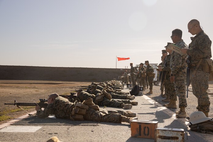U.S. Marine Corps recruits with Kilo Company, 3rd Recruit Training Battalion, conduct the table one course of fire at Marine Corps Base Camp Pendleton, California, Nov. 6, 2024. Table one covers the basic fundamentals of marksmanship and rifle safety in all shooting positions: sitting, kneeling, and the prone. (U.S. Marine Corps photo by Lance Cpl. Janell B. Alvarez)