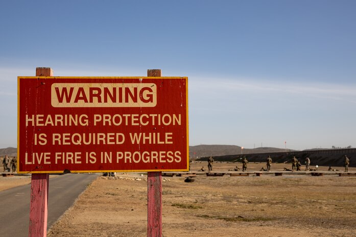 A warning sign is displayed during a table one course of fire at Marine Corps Base Camp Pendleton, California, Nov. 6, 2024. Table one covers the basic fundamentals of marksmanship and rifle safety in all shooting positions: standing, sitting, kneeling, and the prone. (U.S. Marine Corps photo by Lance Cpl. Janell B. Alvarez)