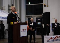 Vice Adm. John Wade, commander of U.S. 3rd Fleet, gives remarks during the kick-off of Fleet Week San Diego, Nov. 7, 2024. FWSD is an opportunity for San Diego residents and tourists to meet their Navy, Marine Corps and Coast Guard teams and experience America’s sea services. During fleet week, service members participate in various community relations events, showcase capabilities and equipment to the community, and enjoy the hospitality of San Diego and the surrounding area. (U.S. Marine Corps photo by Sgt. Brian A. Stippey)