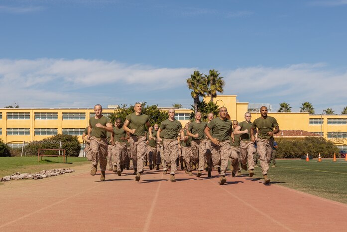 U.S. Marine Corps recruits with Lima Company, 3rd Recruit Training Battalion, execute the 880-yard movement to contact portion of the combat fitness test event at Marine Corps Recruit Depot San Diego, California, Oct. 30, 2024. The CFT is a test that all recruits must pass and maintain once a year to assess combat readiness as well as physical conditioning. (U.S. Marine Corps photo by Lance Cpl. Janell B. Alvarez)