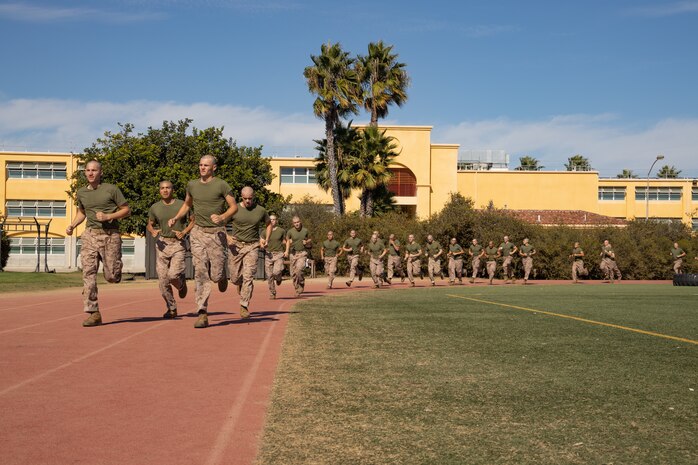 U.S. Marine Corps recruits with Lima Company, 3rd Recruit Training Battalion, execute the 880-yard movement to contact portion of the combat fitness test event at Marine Corps Recruit Depot San Diego, California, Oct. 30, 2024. The CFT is a test that all recruits must pass and maintain once a year to assess combat readiness as well as physical conditioning. (U.S. Marine Corps photo by Lance Cpl. Janell B. Alvarez)
