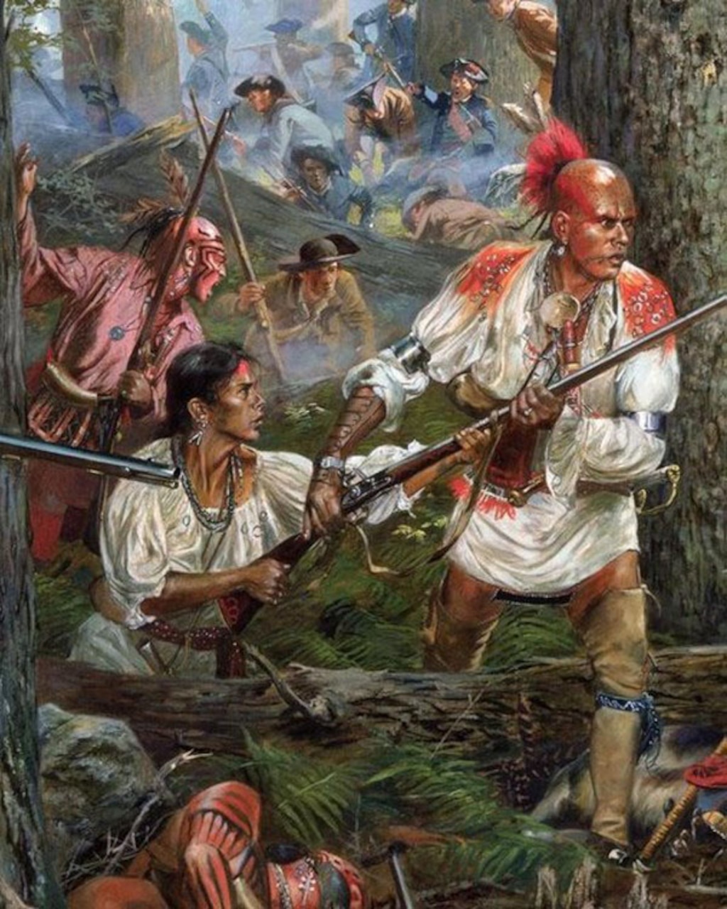 A painting shows Native Americans and soldiers during battle in a forest.