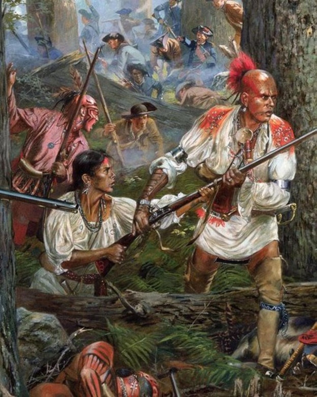 A painting shows Native Americans and soldiers during battle in a forest.