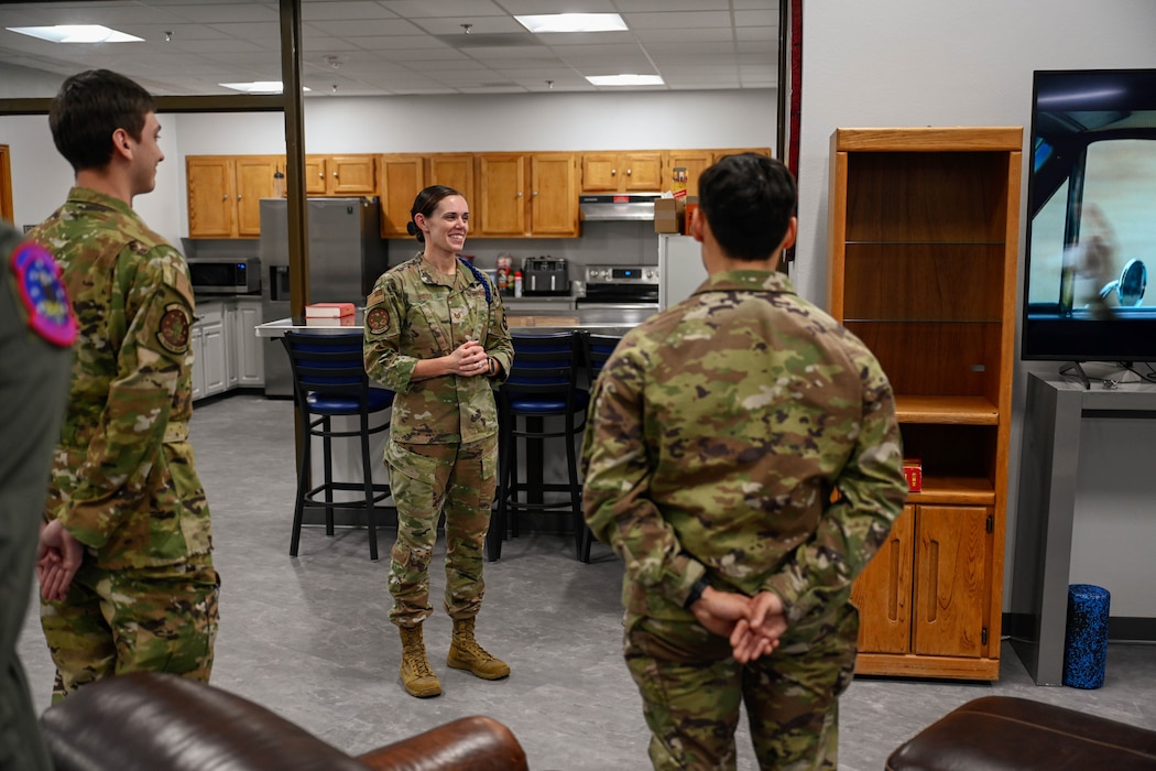 U.S. Air Force Tech. Sgt. Jordan Dodd, 97th Training Squadron (TRS) master military training leader, addresses 97 TRS tech school Airmen at Altus Air Force Base, Oklahoma, Nov. 15, 2024. Dodd finds it rewarding to help Airmen through technical training and celebrate their success at graduation. (U.S. Air Force photo by Airman 1st Class Jonah Bliss)