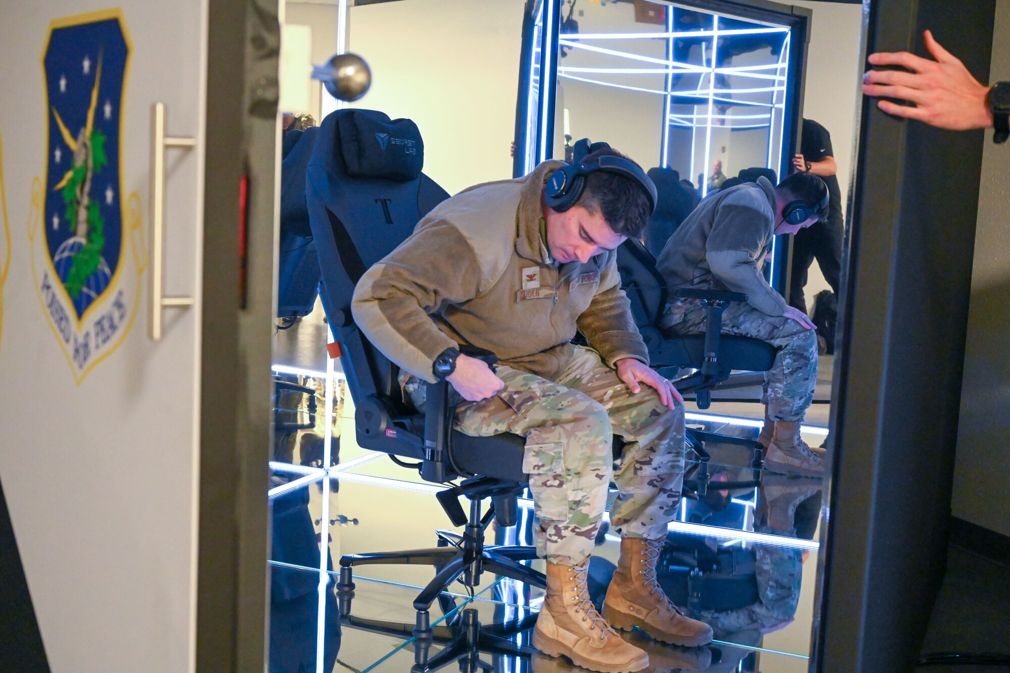 U.S. Air Force Col. Michael Suden, 91st Operations Group commander, prepares for his MindGym session at Minot Air Force Base, North Dakota, Nov.15, 2024. The MindGym is an immersive domain made using sensory deprivation, light therapy, reflections and music therapy to enhance mental focus.
