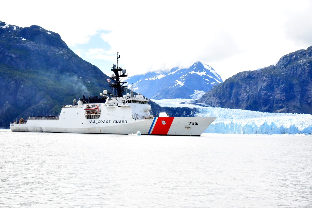 The Coast Guard Cutter Stratton (WMSL 752) transits Glacier Bay, Alaska,  Aug. 1, 2024, while patrolling the region. Stratton’s crew returned to its homeport in Alameda, Calif., on Nov. 4, after completing a 110-day patrol in the Arctic Ocean, Chukchi Sea and Bering Sea. U.S. Coast Guard courtesy photo.