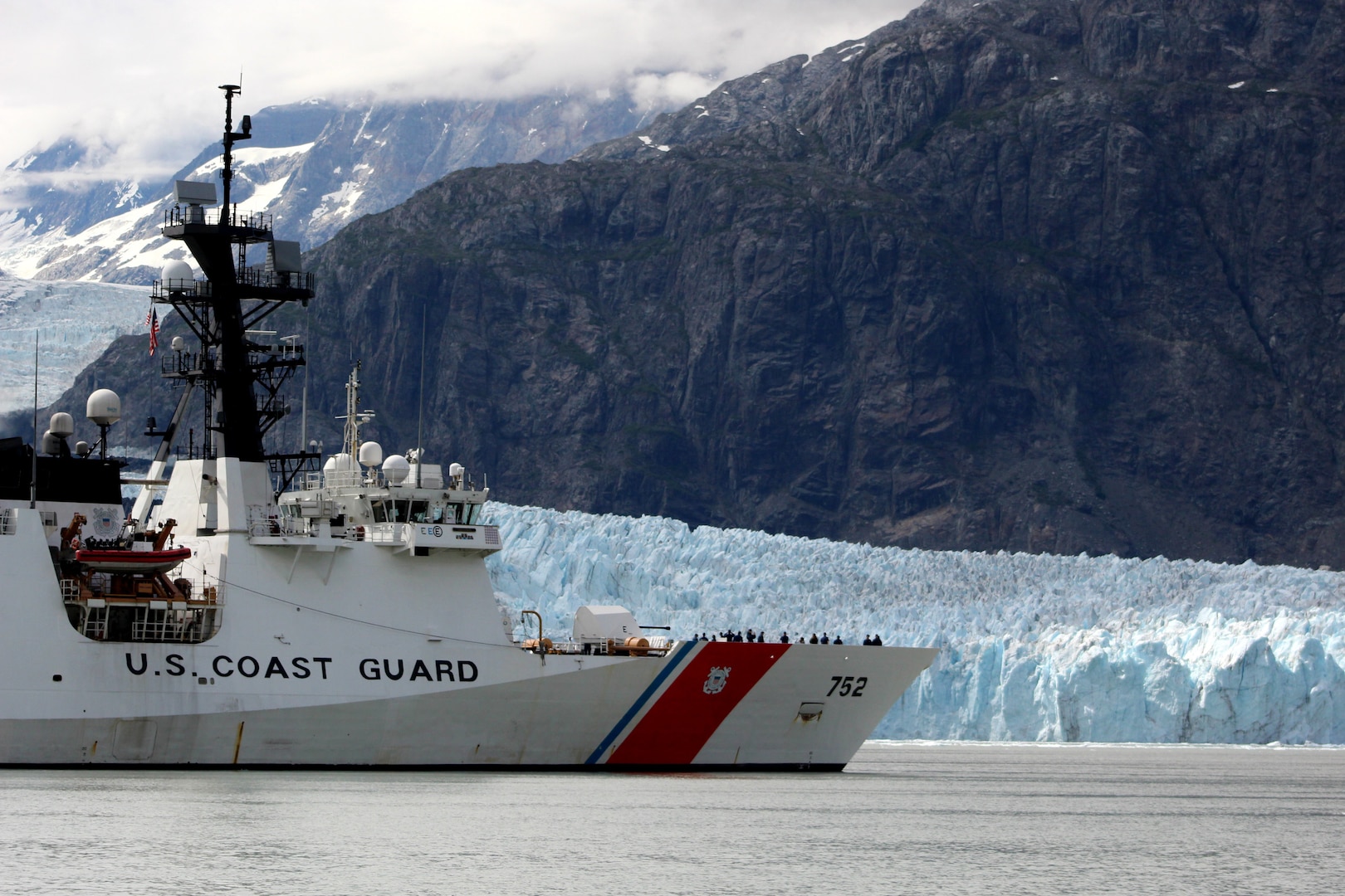 The Coast Guard Cutter Stratton (WMSL 752) transits Glacier Bay, Alaska,  Aug. 1, 2024, while patrolling the region. Stratton’s crew returned to its homeport in Alameda, Calif., on Nov. 4, after completing a 110-day patrol in the Arctic Ocean, Chukchi Sea and Bering Sea. U.S. Coast Guard courtesy photo.