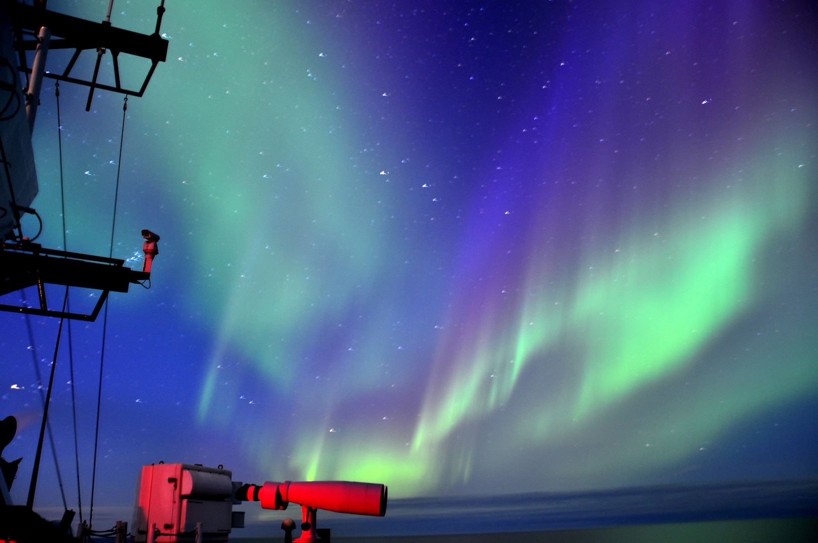 The Northern Lights illuminate the night sky above the Coast Guard Cutter Stratton (WMSL 752) while operating in the Arctic, Aug. 28, 2024. Stratton’s crew returned to its homeport in Alameda, Calif., on Nov. 4, after completing a 110-day patrol in the Arctic Ocean, Chukchi Sea and Bering Sea. U.S. Coast Guard courtesy photo.