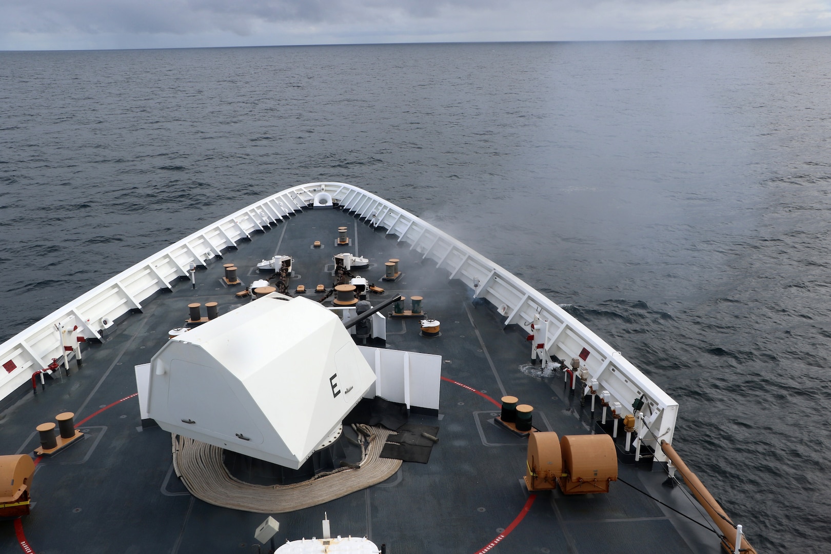 The Coast Guard Cutter Stratton (WMSL 752) conducts a gunnery exercises (GUNNEX) with the MK 110 near Dutch Harbor, Alaska, Oct. 8, 2024. Stratton recently returned to its homeport of Alameda, California, following a 110-day deployment to the region. U.S. Coast Guard courtesy photo. U.S. Coast Guard courtesy photo.