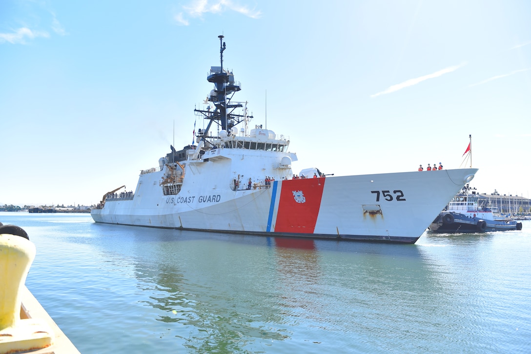 The crew of the Coast Guard Cutter Stratton (WMSL-752) returns to its homeport of Alameda, Calif., Nov. 4, 2024. The Stratton's crew returned home from a months-long Bering Sea Patrol where the crew conducted fisheries law enforcement to protect living marine resources. (U.S. Coast Guard photo by Chief Petty Officer Levi Read/released)