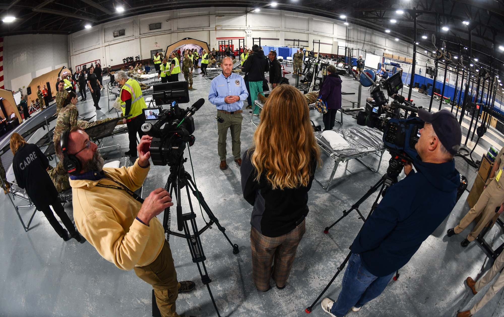 Media interview Derrick Jaastad, Veterans Health Administration, Emergency Management executive director, on Nov. 13, 2024, at Offutt Air Force Base during a National Disaster Medical System exercise. The Omaha area is conducting an exercise to determine the preparedness to support an overseas conflict by moving military casualties into the civilian health care network. Participants from local, state, and federal response agencies teamed up with Air Force and the Nebraska Air National Guard to ensure the nation’s capability to support a war effort. (U.S. Air Force photo by Chad Watkins)
