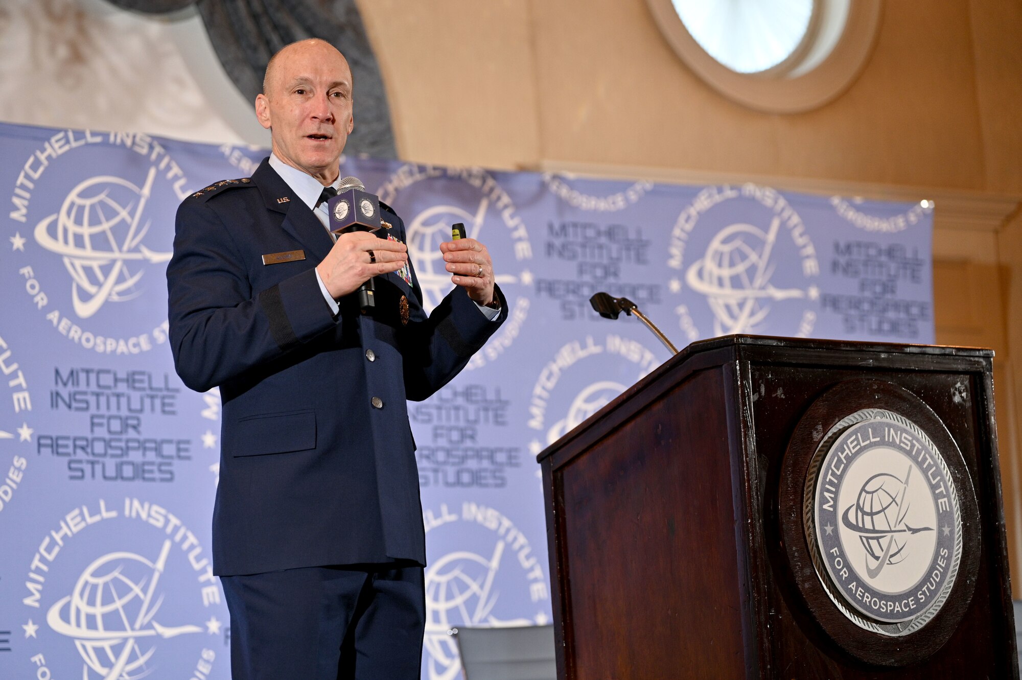 Air Force Chief of Staff Gen. David Allvin speaks to an audience during the Mitchell Institute Airpower Futures Forum, Nov. 13, 2024, in Arlington, Va. Alongside other senior leaders, Allvin shared details about the service’s new “One Force Design,” including an overview of future operating concepts to generate increased lethality and effective combat power in contested environments. (Courtesy photo)