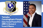 Official photo of Tameka Cunningham-Preyer on the AFIMSC Mission Monday graphic template.