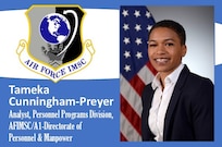 Official photo of Tameka Cunningham-Preyer on the AFIMSC Mission Monday graphic template.