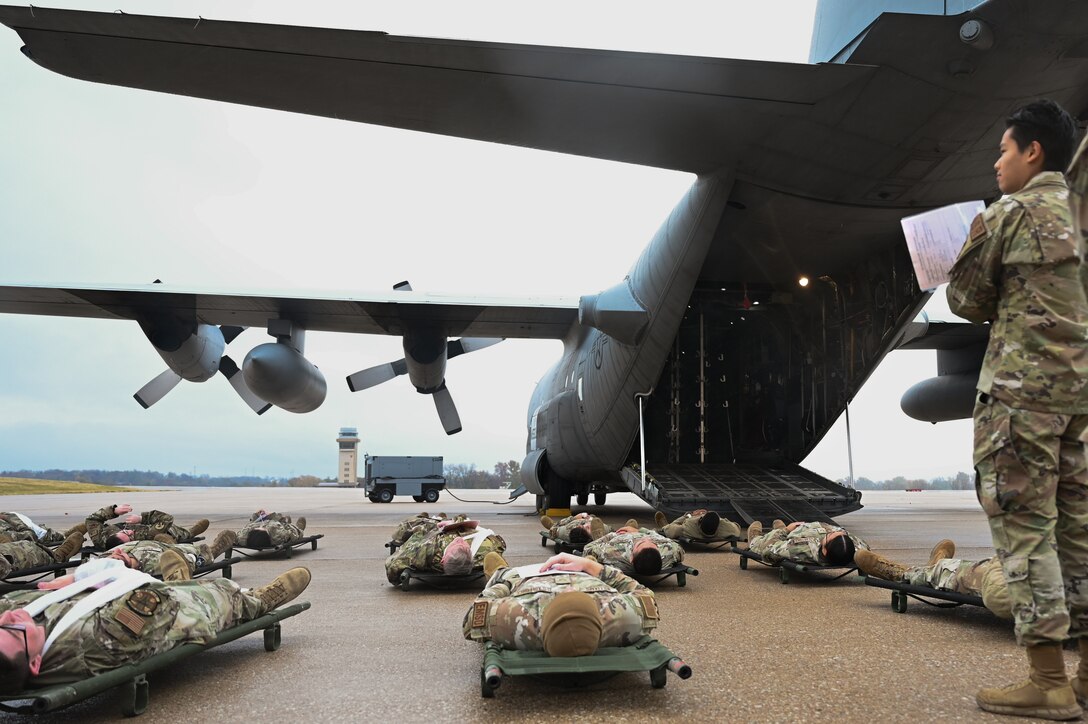 Airmen with the Nebraska Air National Guard’s Chemical Biological Radiological Nuclear Enhanced Response Force Package Detachment-1 and 55th Wing role play as injured patients Nov. 13, 2024, during a joint National Disaster Medical System Exercise at Offutt Air Force Base, Nebraska.