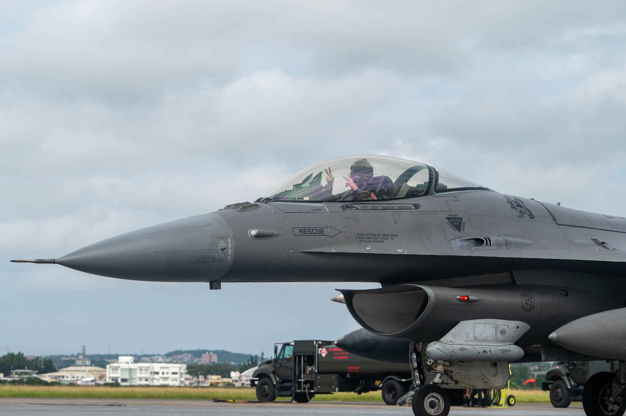 A pilot assigned to the 77th Expeditionary Fighter Squadron taxis to the runway during a communication outage exercise at Kadena Air Base, Japan, Nov. 14, 2024.