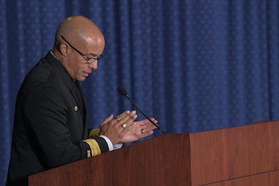 Defense Logistic Agency Energy Commander Rear Admiral George Bresnihan gives remarks during the agency's 249th Navy birthday celebration.