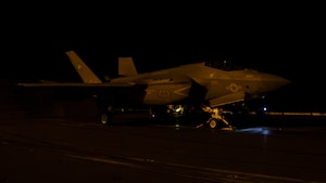 An F-35C Lightning II, attached to Marine Fighter Attack Squadron (VMFA) 314, prepares to launch from the flight deck of the Nimitz-class aircraft carrier USS Abraham Lincoln (CVN 72)